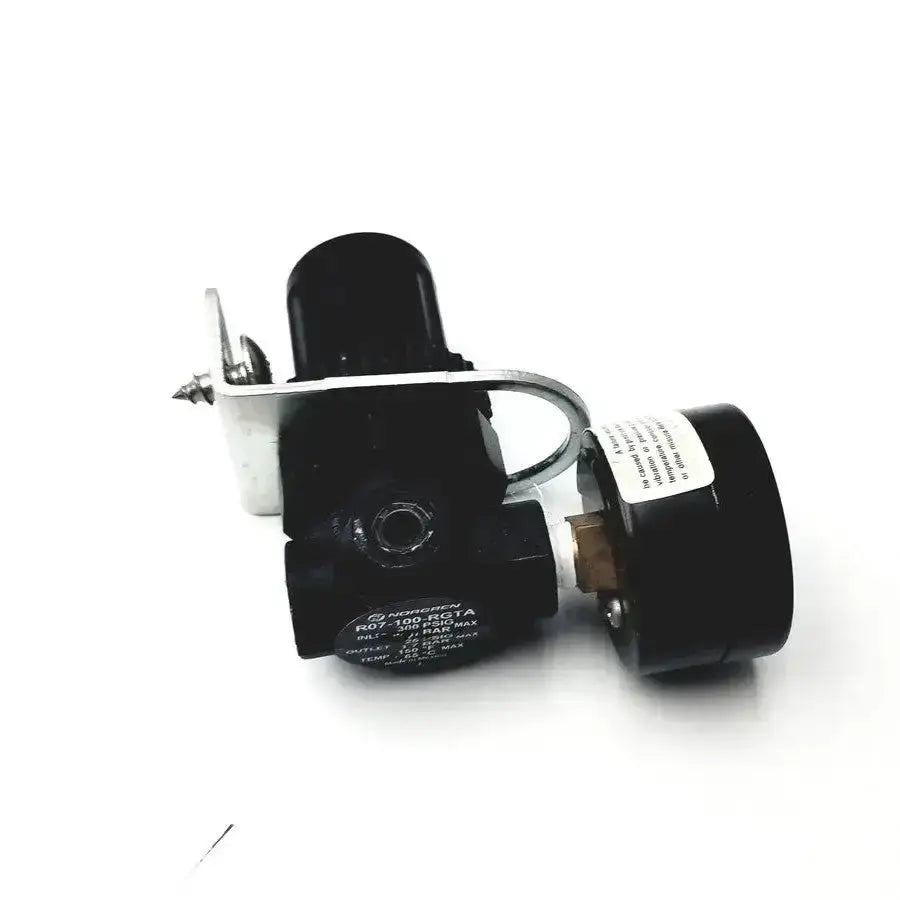 Black norgren r07-100-rgka mini pressure regulator with metallic bracket and cylindrical body for pneumatic use