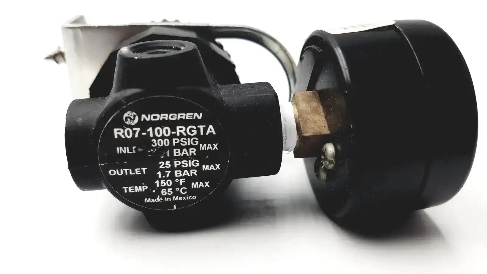Black norgren r07-100-rgka mini pressure regulator with brass fittings and circular label showing technical specifications