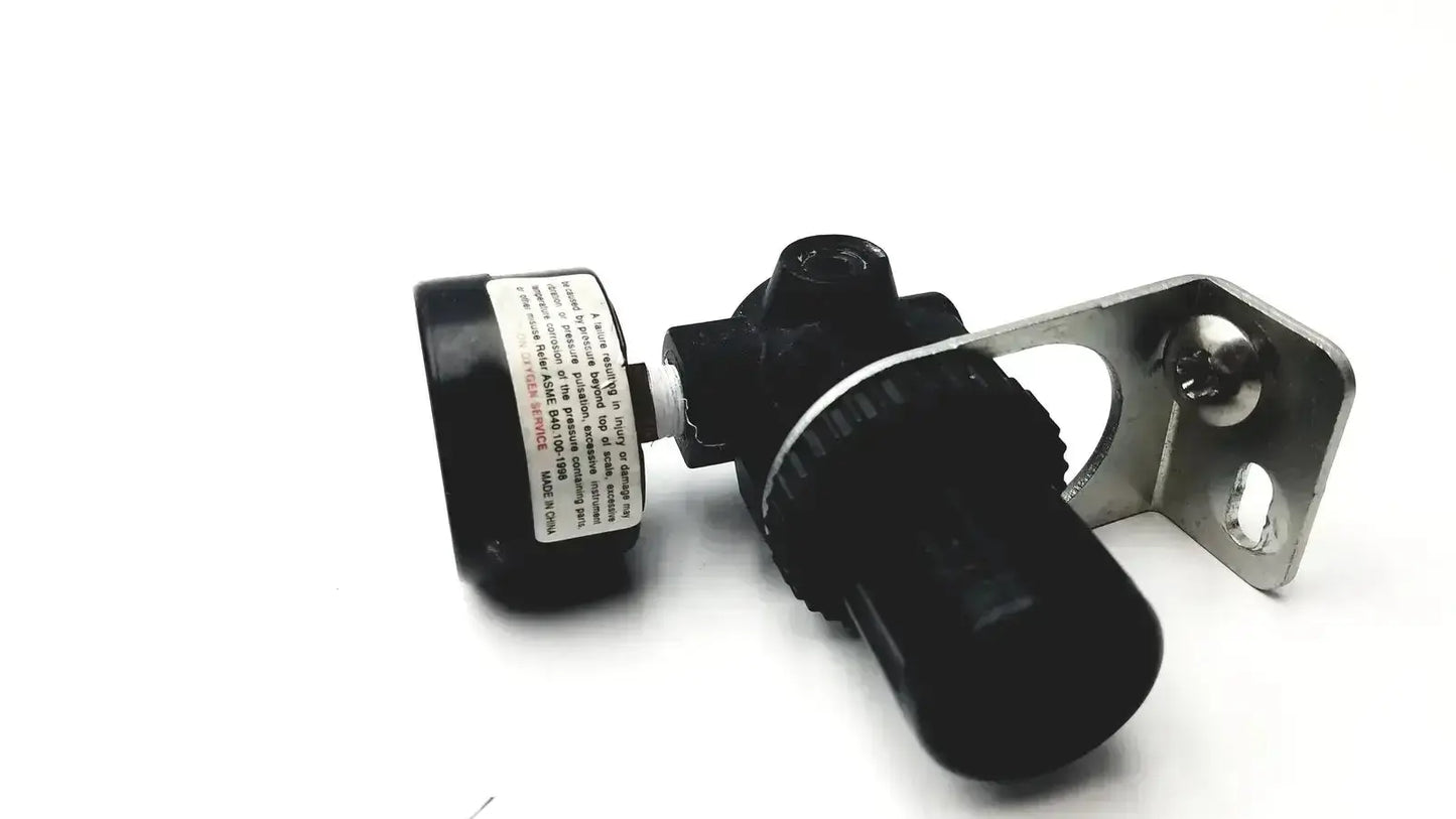 Black norgren r07-100-rgka mini pressure regulator with metallic mounting bracket and 1/8 inch ports with gauge
