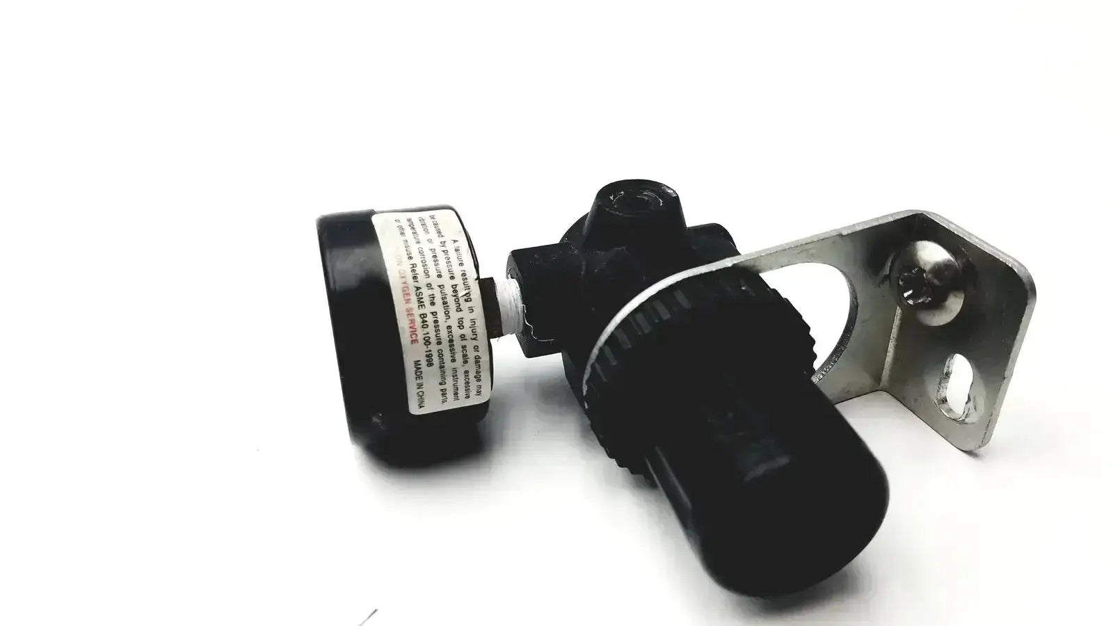 Black norgren r07-100-rgka mini pressure regulator with metallic mounting bracket and 1/8 inch ports with gauge