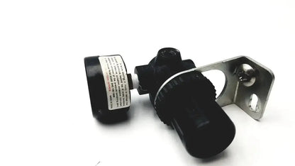 Black norgren r07-100-rgka mini pressure regulator with metallic mounting bracket and 1/8 inch ports with gauge