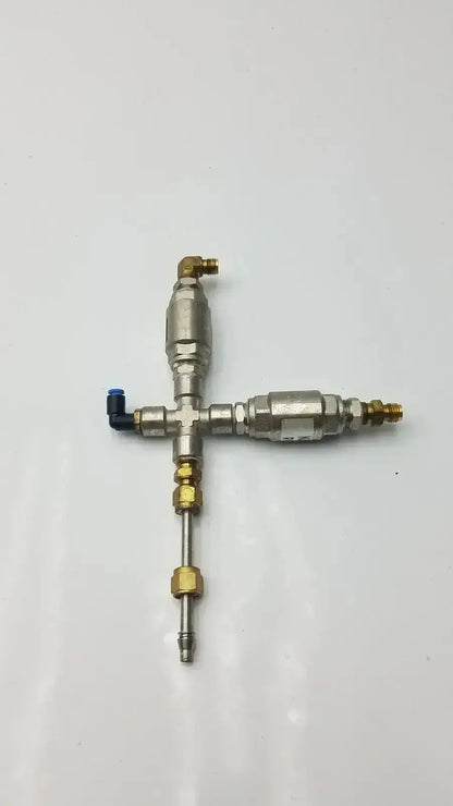 Silver and brass-colored numatics rv 37-a relief valve industrial pipe fitting assembly with threaded connections g-bbde3-22s