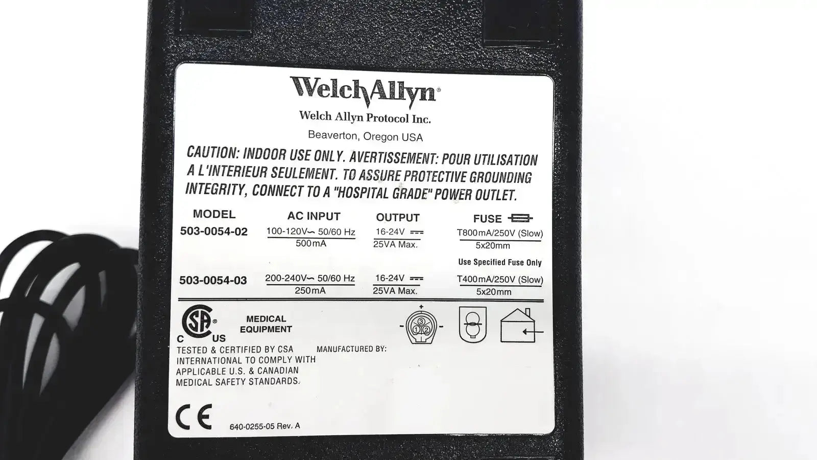 Black oem power supply adapter with white label showing specifications for welch allyn propaq patient monitor charger