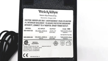Black oem power supply adapter with white label showing specifications for welch allyn propaq patient monitor charger