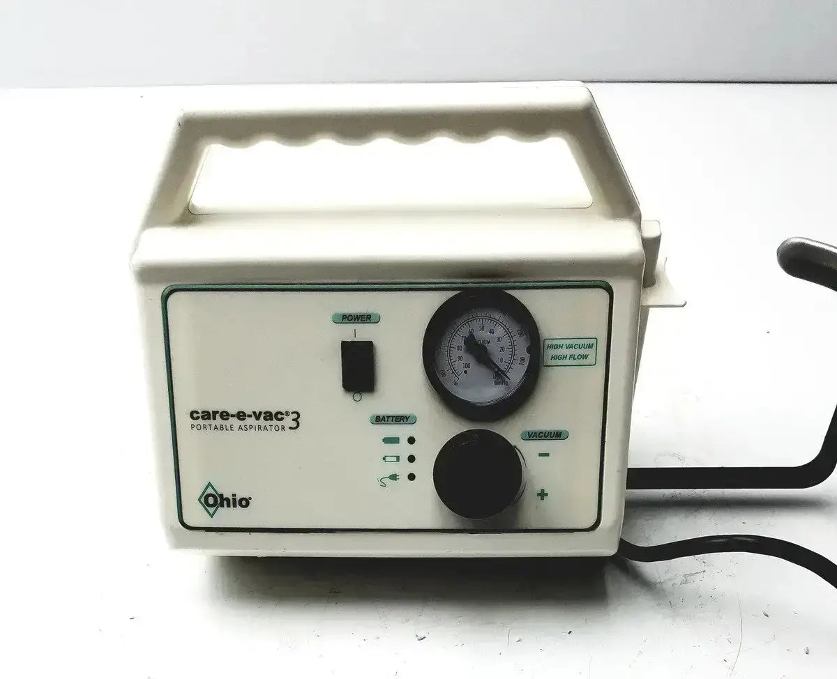 Cream-colored plastic ohio medical care-e-vac 3 portable aspirator with black power switch pressure gauge and control knobs