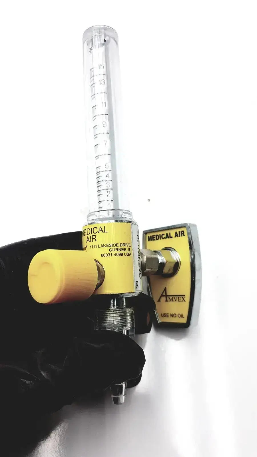 Yellow amvex medical air flow meter with transparent gauge and metallic fittings for ohio medical compressor inlet pressure
