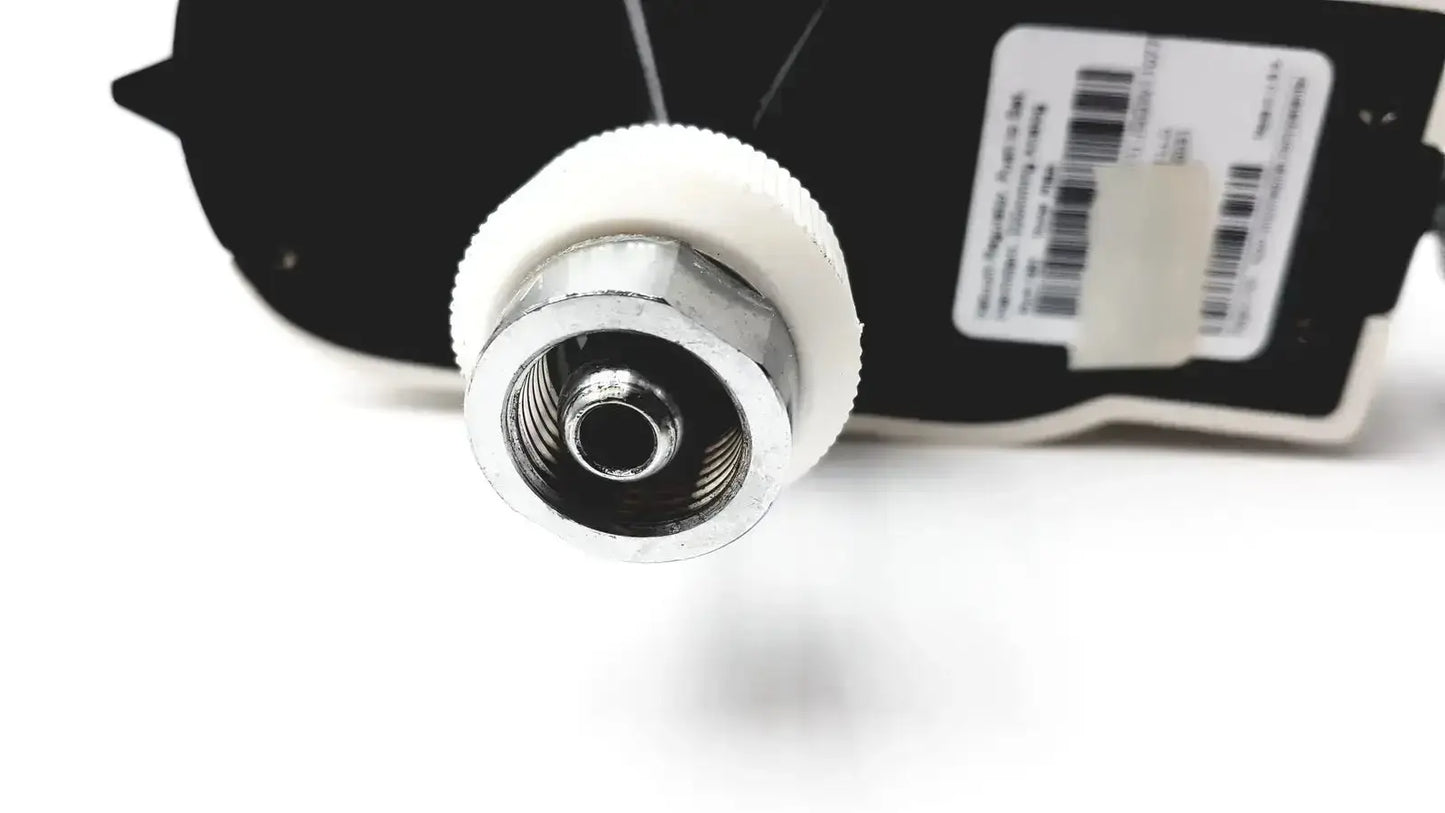 Silver-toned threaded connector with white plastic collar attached to black component of Ohio Medical vacuum regulator