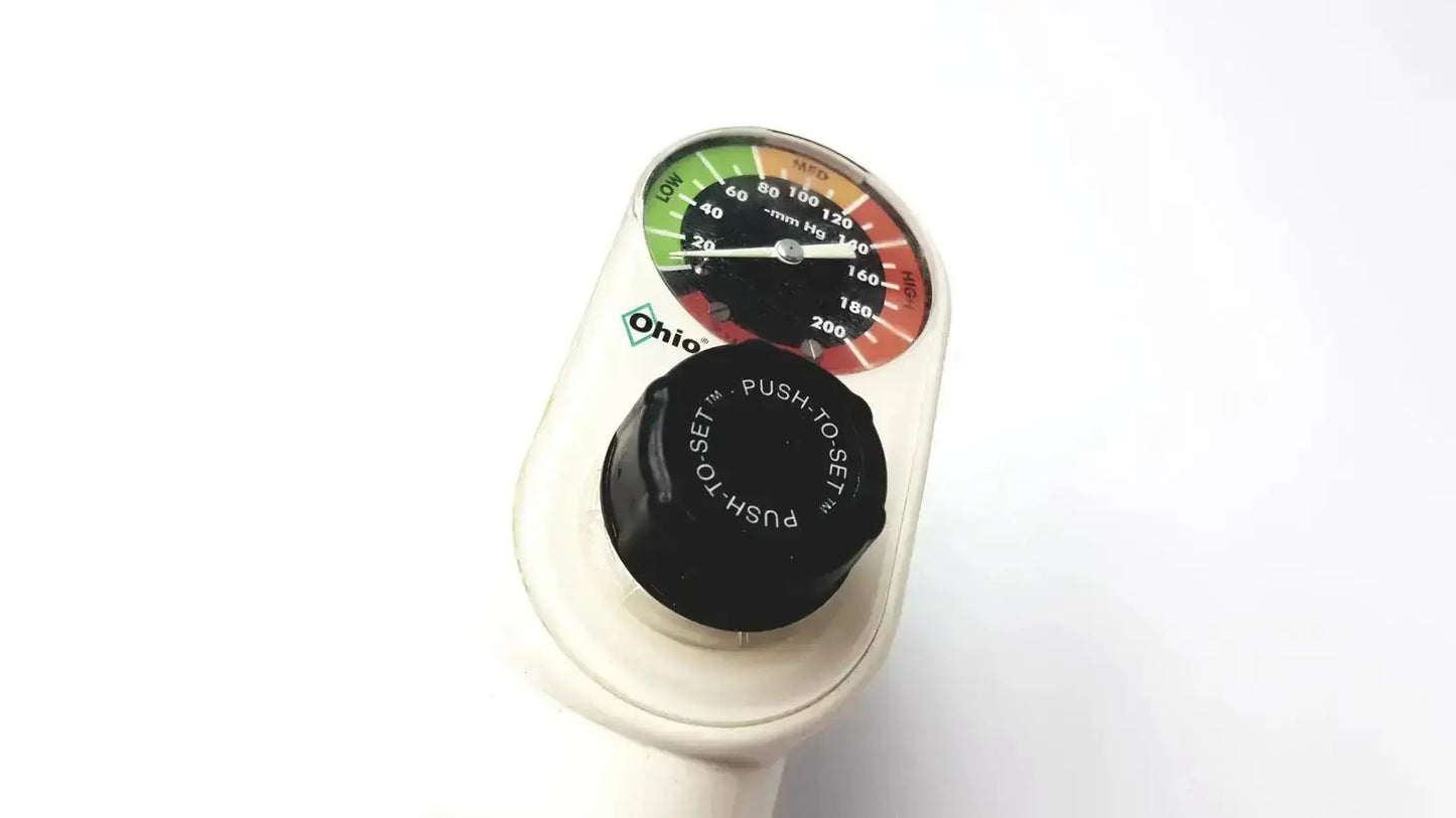 White ohio medical vacuum regulator with black push-to-set knob and color-coded dial for precise flow control