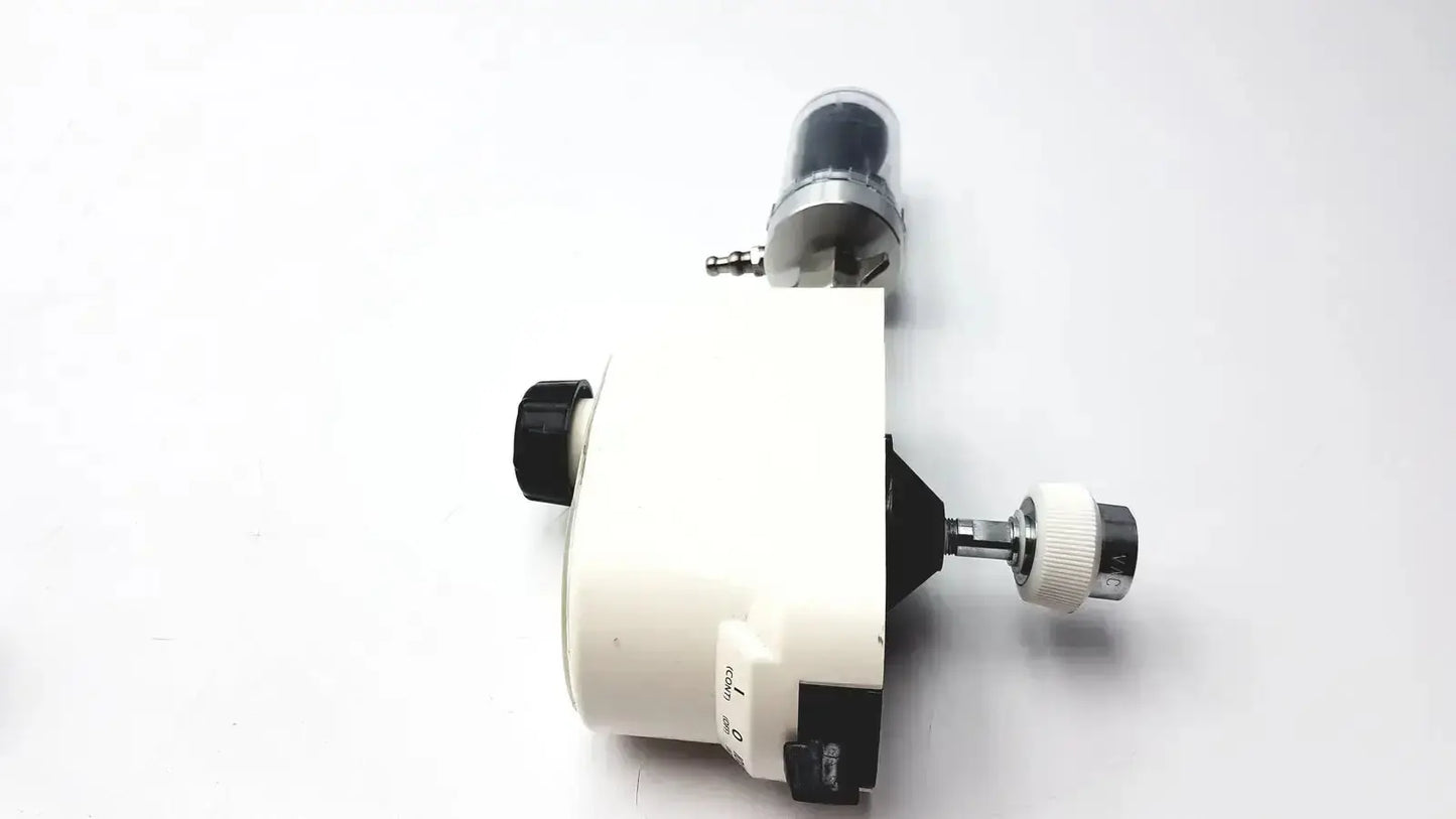 White ohio medical vacuum regulator with black and silver accents, transparent pressure gauge, and adjustable push-to-set knobs