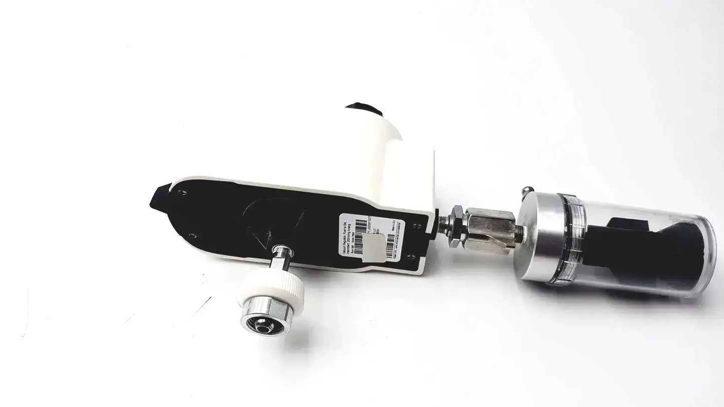 White and black industrial-grade ohio medical vacuum regulator with metallic silver cylindrical attachment for medical use