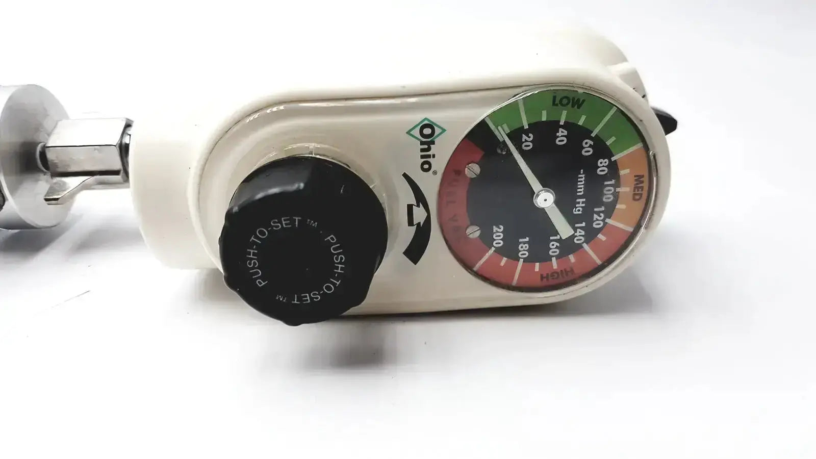 White ohio medical vacuum regulator flow meter with black adjustment knob and color-coded pressure gauge for vacuum control
