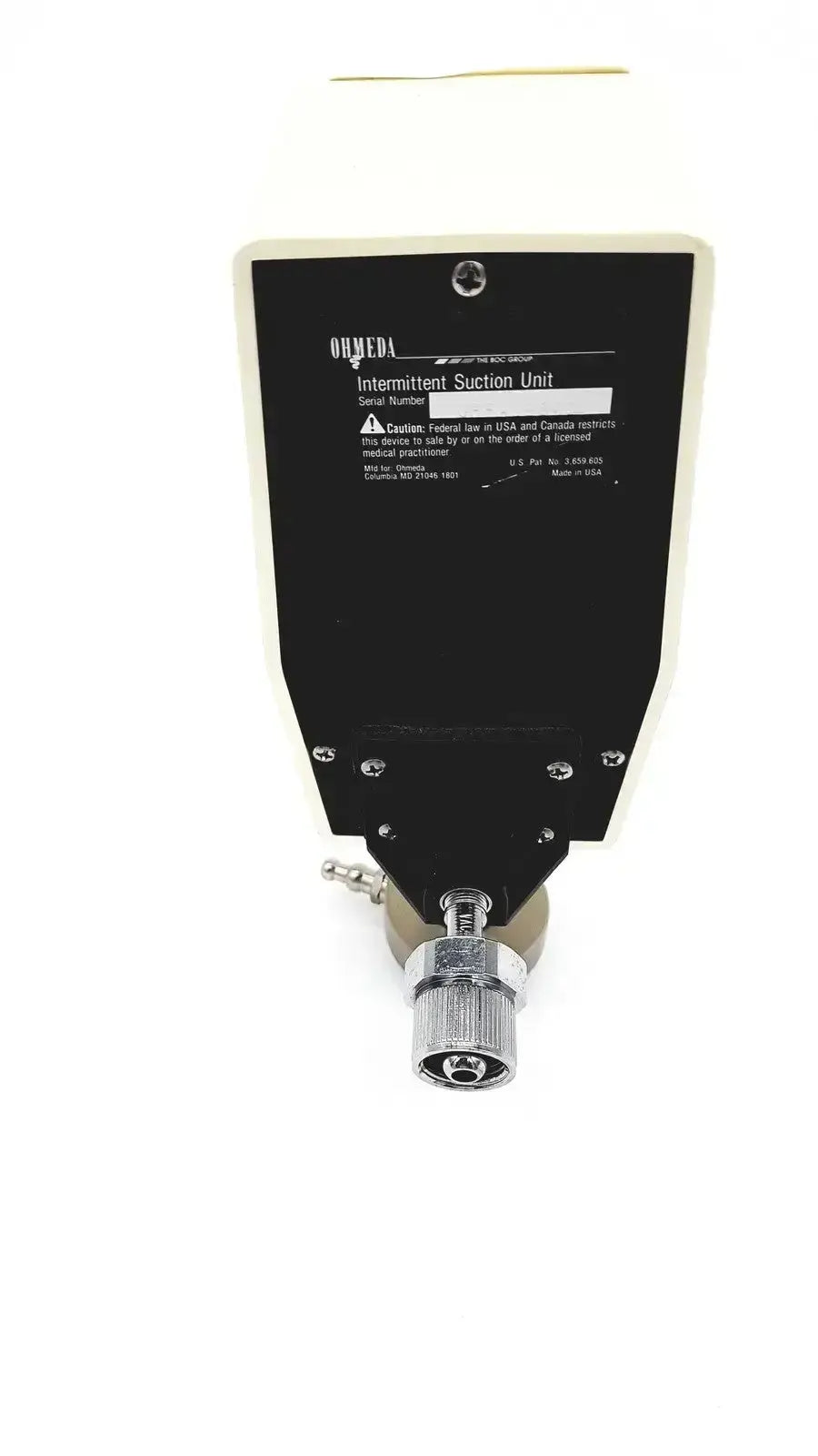 Black and white ohmeda ffa19643 intermittent suction unit with metallic threaded connector for medical use