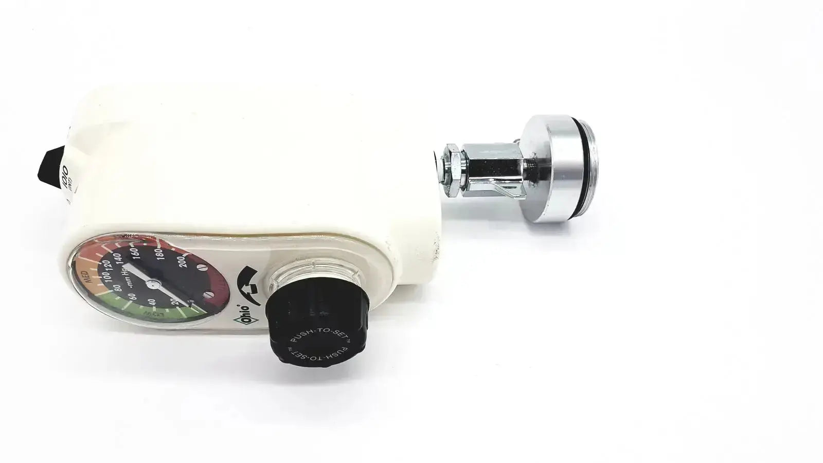 White ohmeda ohio medical oxygen flow meter with circular gauge displaying red yellow and green pressure zones model 1251
