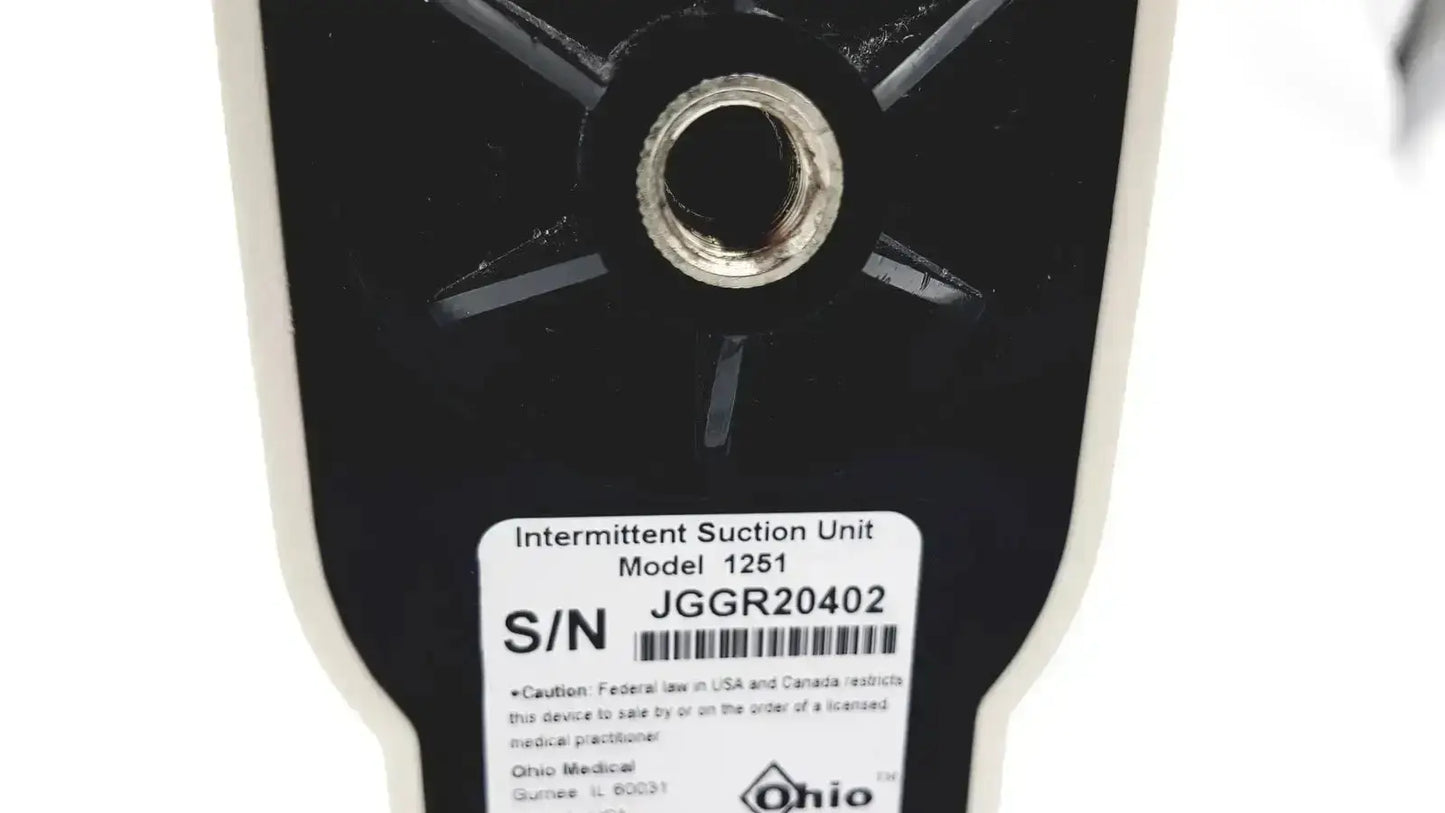 Black and white ohmeda ohio medical intermittant suction unit model 1251 with metallic threaded port on front side