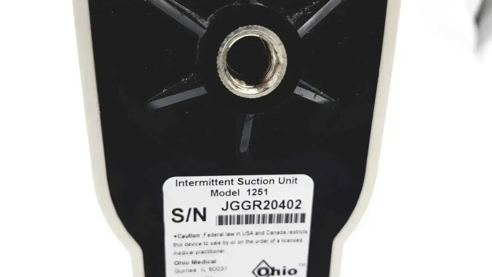 Black and white ohmeda ohio medical intermittant suction unit model 1251 with metallic threaded port on front side