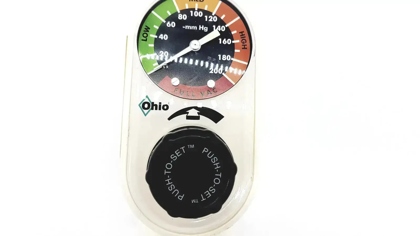 Clear plastic case housing a circular blood pressure gauge with color-coded zones and ohio branding on ohmeda ohio medical suction regulator unit model 1251