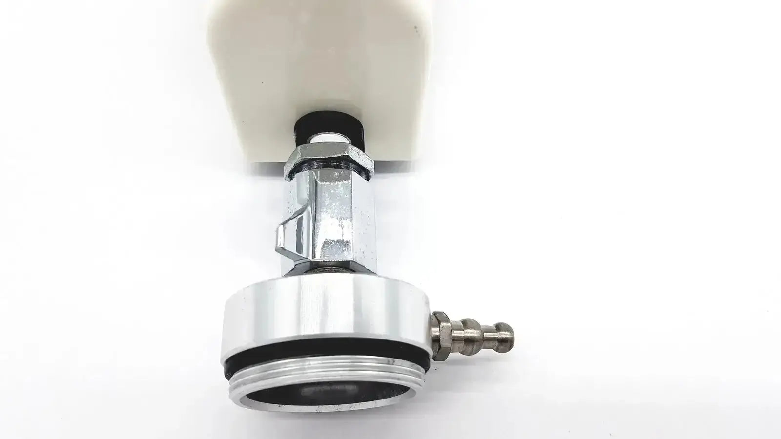 Silver-toned metal faucet adapter with white plastic handle and black rubber seals for ohmeda ohio medical intermittant suctiion regulator unit model 1251