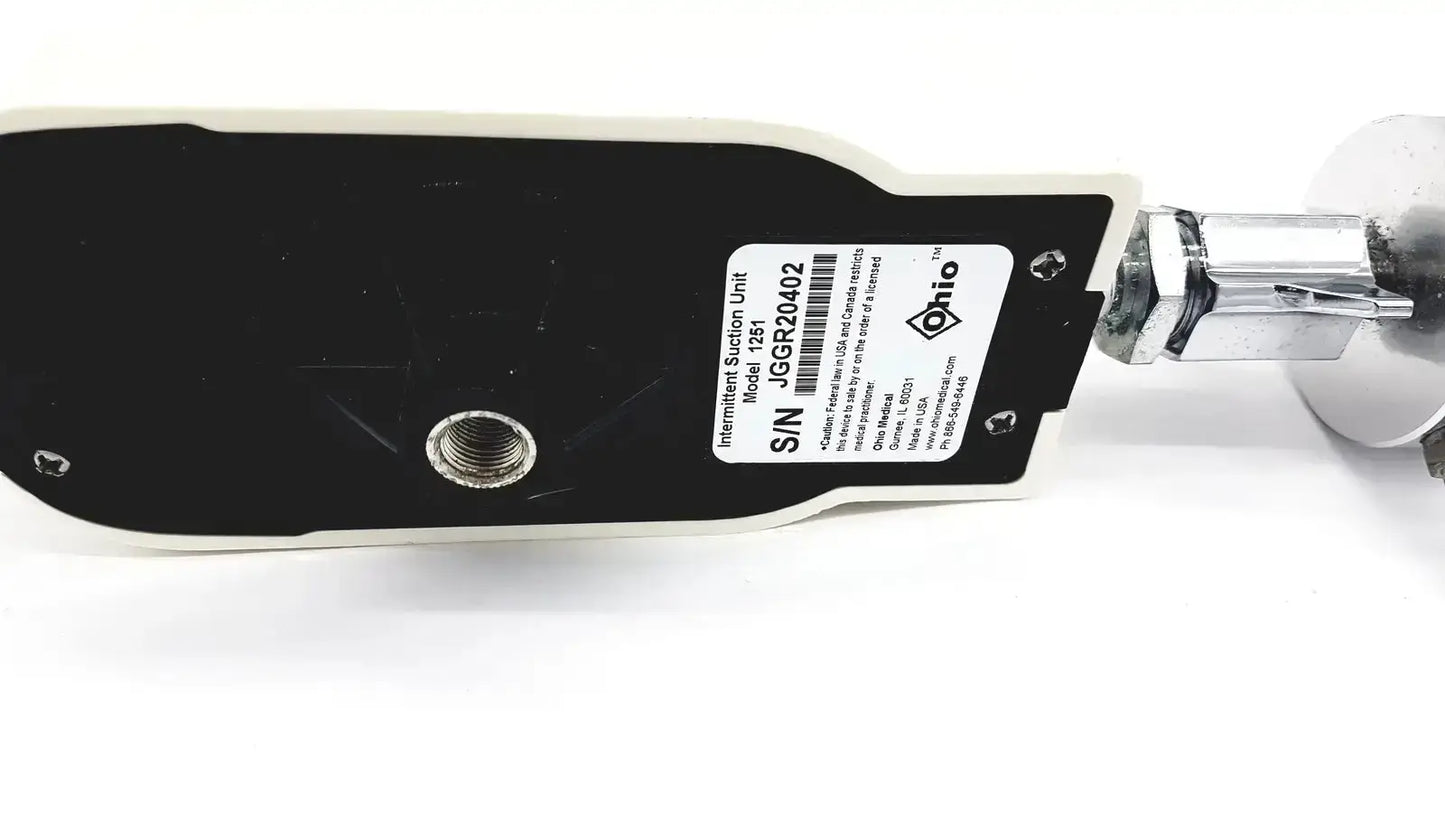 Black and white ohmeda ohio medical intermittant suctiion regulator unit model 1251 with metallic threaded connector