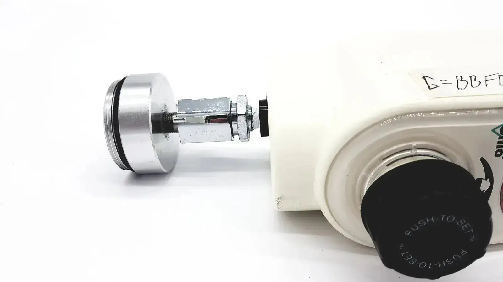 White plastic ohmeda ohio medical intermittant suctiion regulator unit with black push to set knob and silver connector