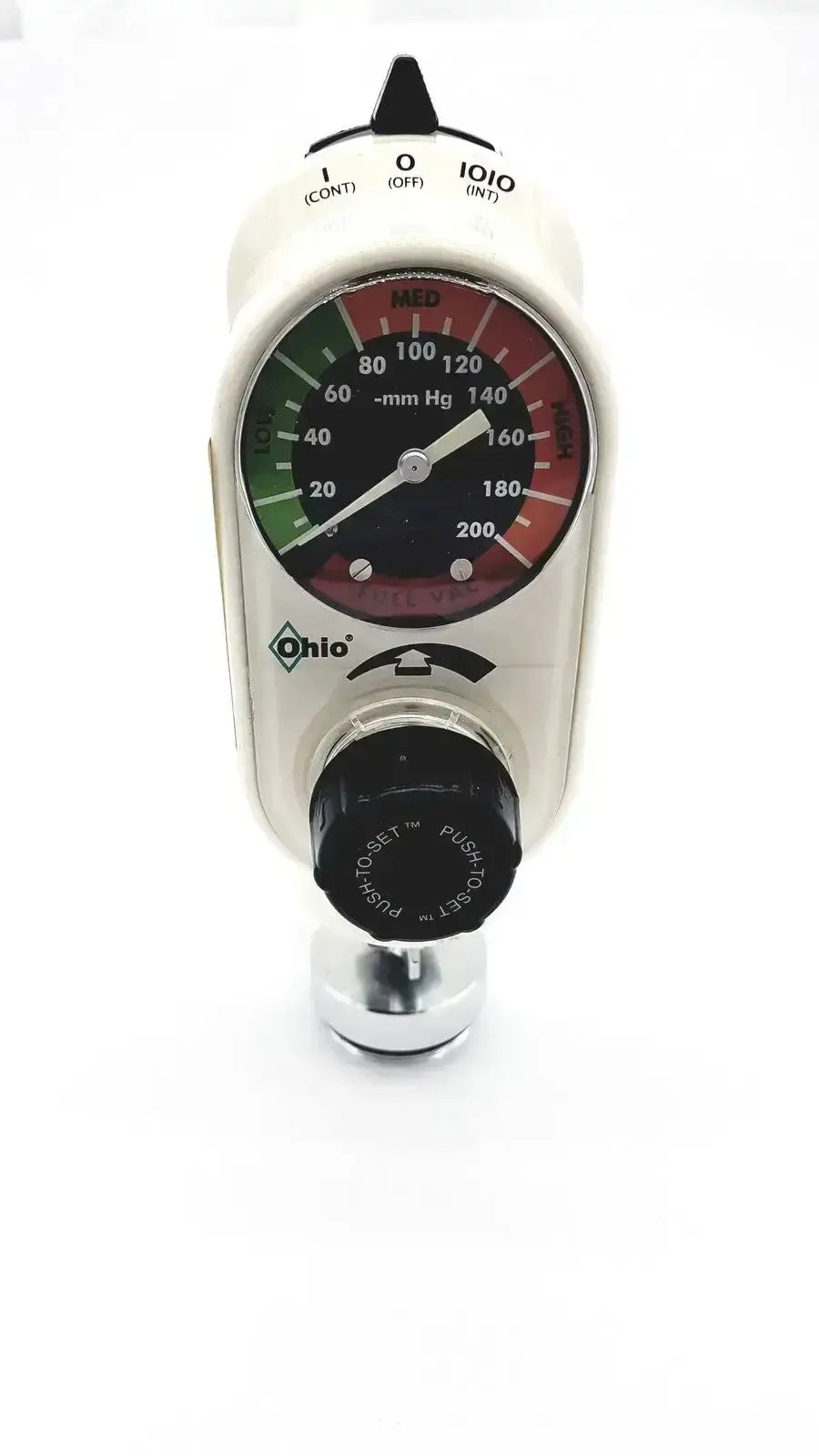 White ohmeda ohio medical intermittent suction regulator unit model 1251 with circular mm hg gauge and black adjustment knob