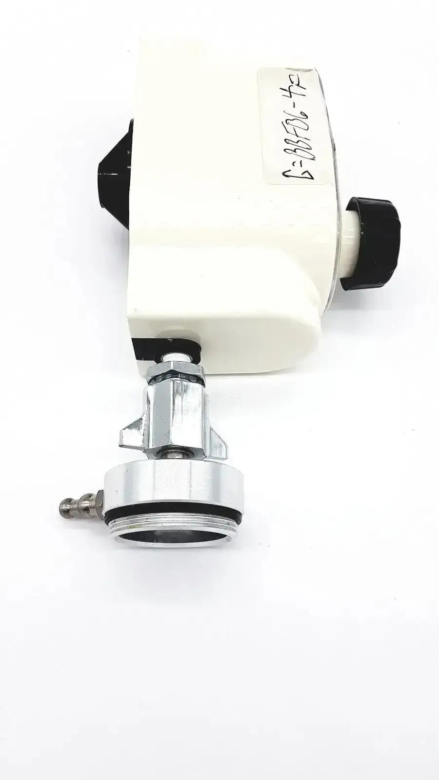 White plastic housing with black caps and chrome metal fitting of ohmeda ohio medical intermittant suctiion regulator unit model 1251
