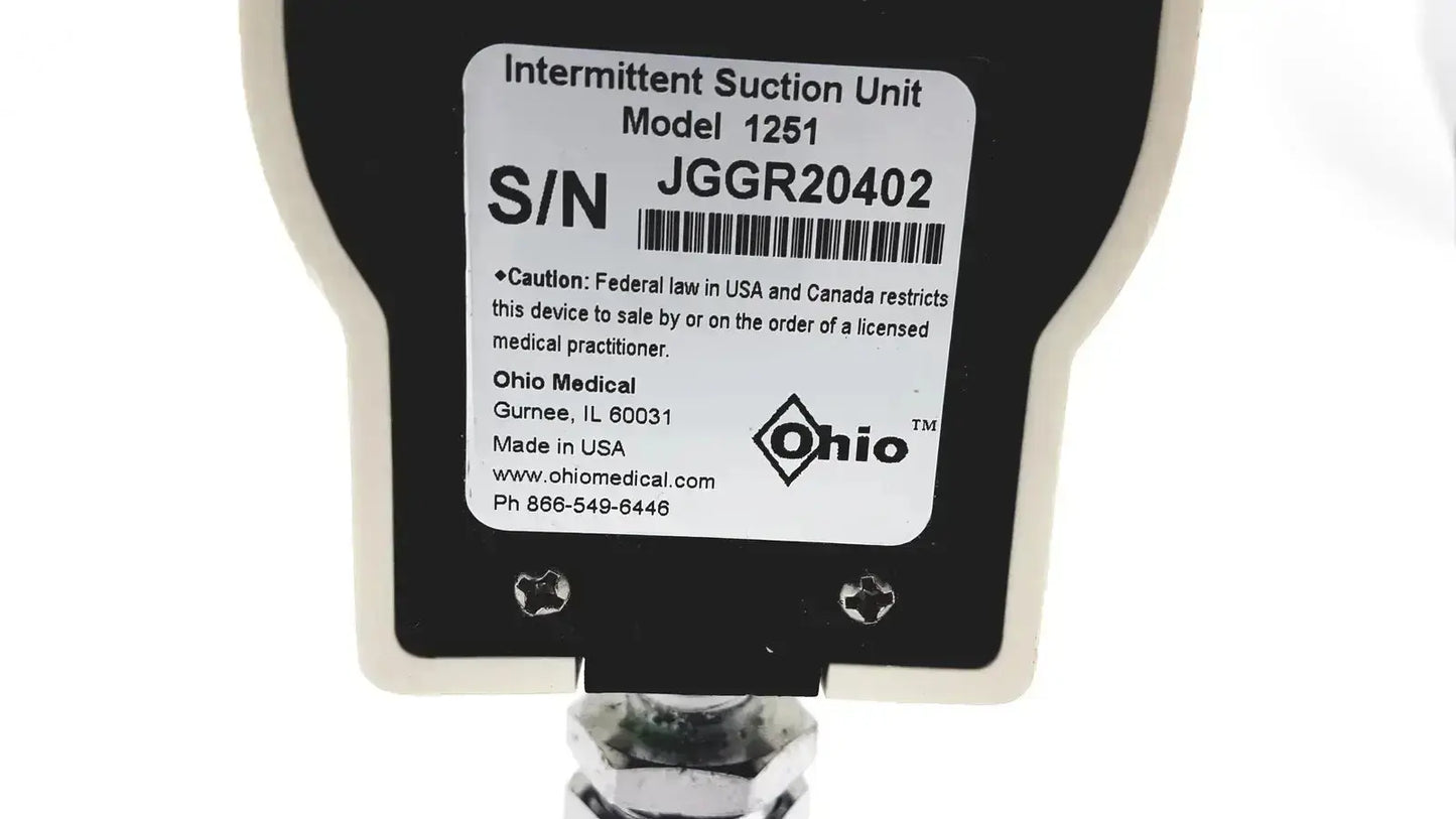 Black and white ohio medical intermittant suction unit model 1251 with silver metallic base by ohmeda ohio medical