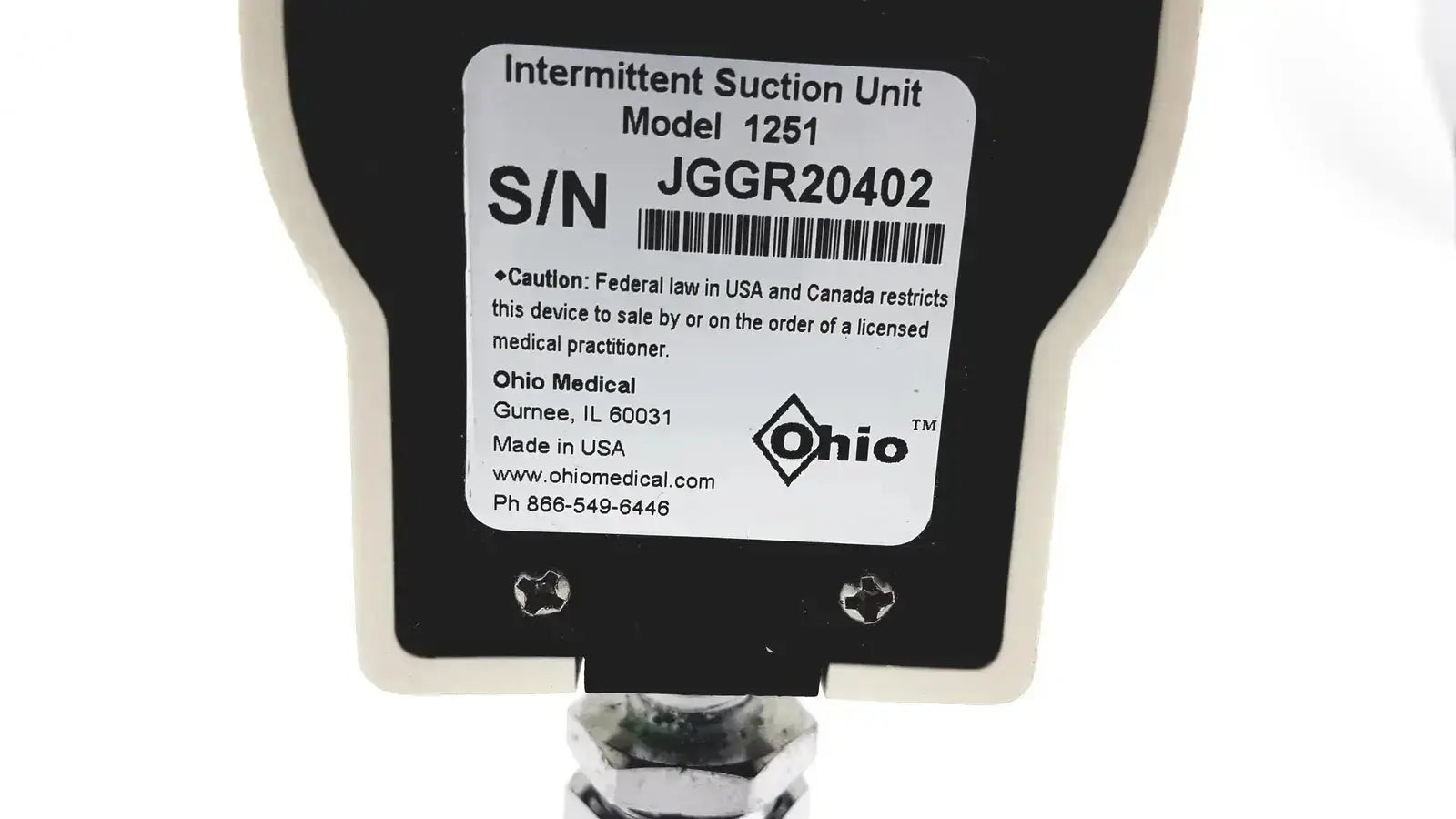 Black and white ohio medical intermittant suction unit model 1251 with silver metallic base by ohmeda ohio medical