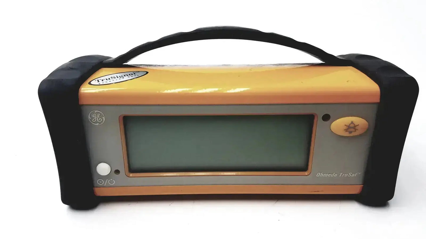 Yellow and gray ohmeda trusat trusignal handheld diagnostic device with black protective casing for pulse oximetry use