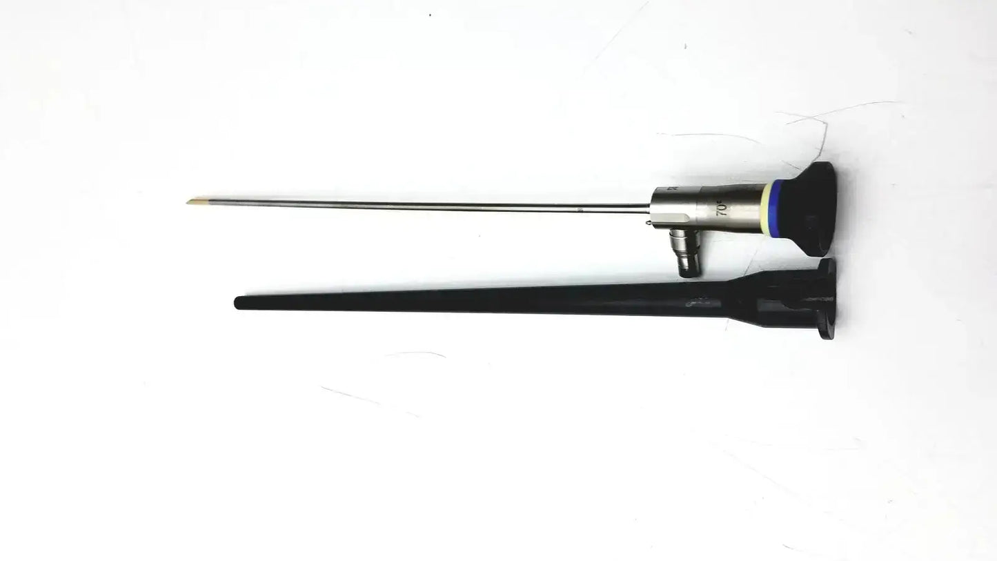 Silver surgical olympus a22003a rigid endoscope with black protective sheath and blue accent ring for precise viewing