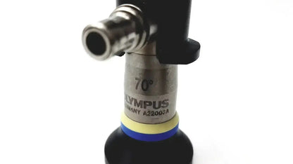 Black and silver olympus a22003a rigid scope with metallic body, blue and yellow ring accents, and threaded connector