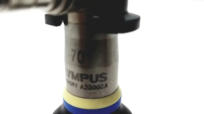 Silver olympus a22003a rigid scope 4mm x 70 degree with black top cap and yellow blue ring lens