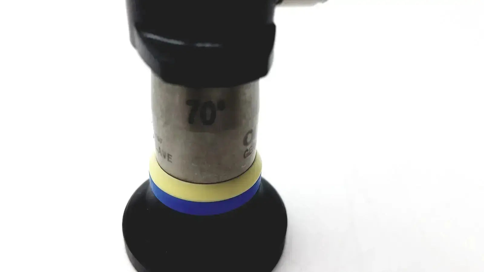Black and metallic olympus a22003a rigid 4mm x 70 degree cylindrical scope with yellow and blue ring near base