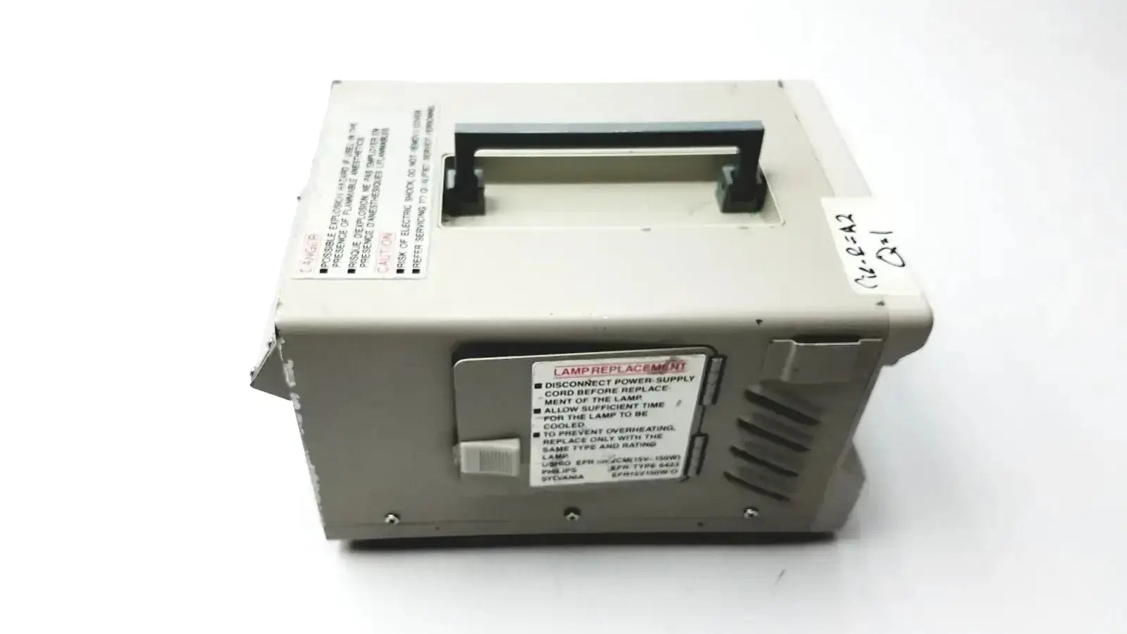 Gray metal replacement unit with black handle and warning labels for olympus clk-4 halogen light source