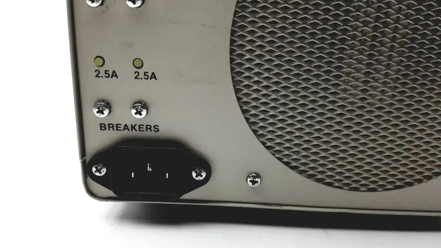 Back side of silver metal olympus clk-4 halogen light source with mesh grille breakers and black iec connector