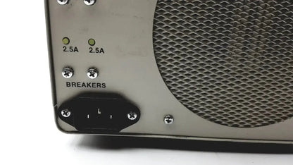 Back side of silver metal olympus clk-4 halogen light source with mesh grille breakers and black iec connector