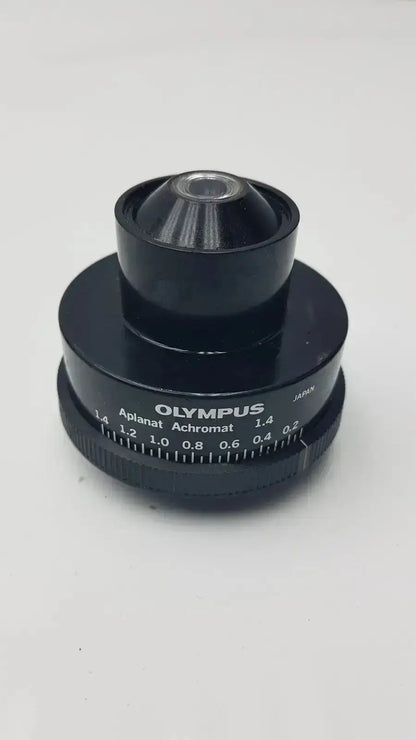 Black olympus microscope condenser aplanat achromat 1.4 with metallic aperture and engraved scale markings