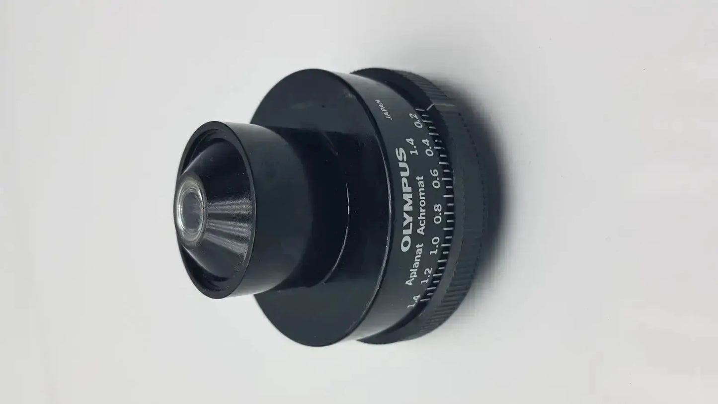 Black olympus microscope condenser aplanat achromat 1.4 lens with matte finish and engraved ring markings