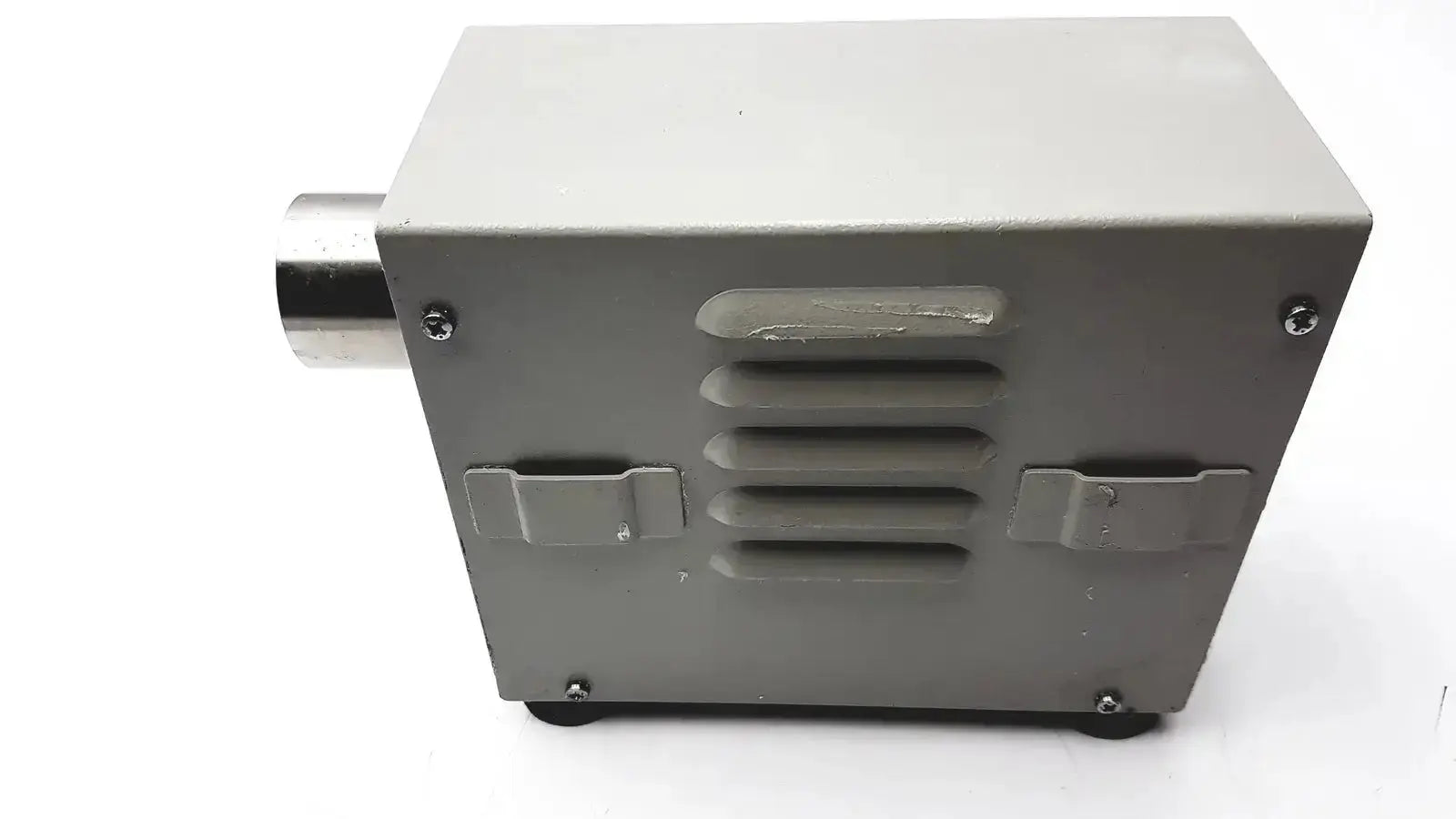 Gray rectangular Olympus MU-1 endoscope maintenance unit with metallic cylindrical port and horizontal ventilation slits for endoscope maintenance