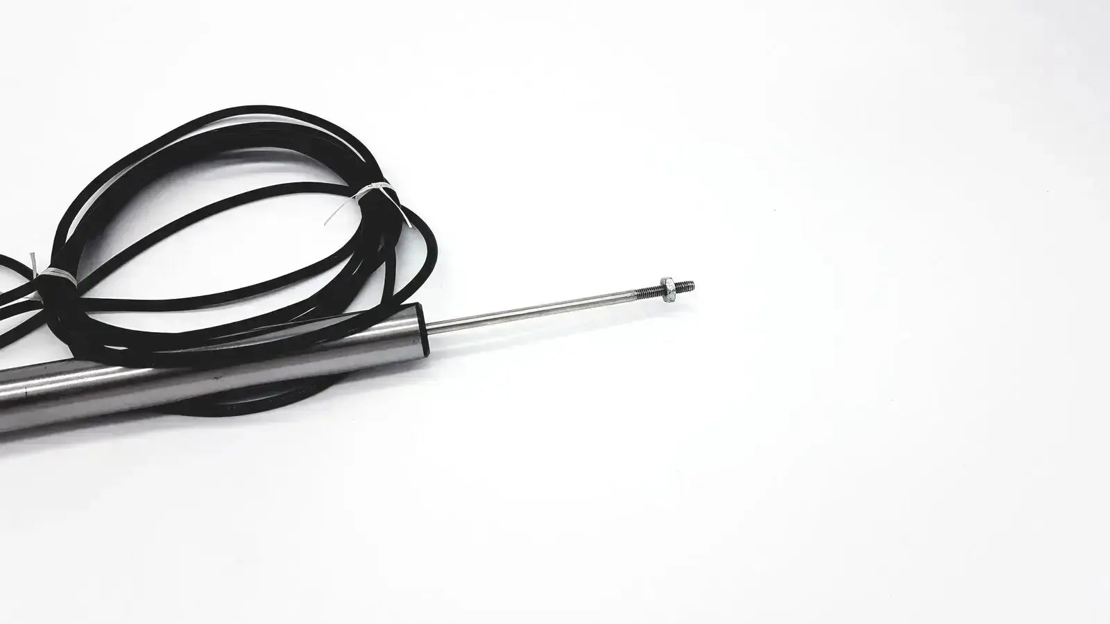 Black coiled cable wrapped around omega ld300-150 lvdt linear position sensor with metallic cylindrical body and threaded rod end