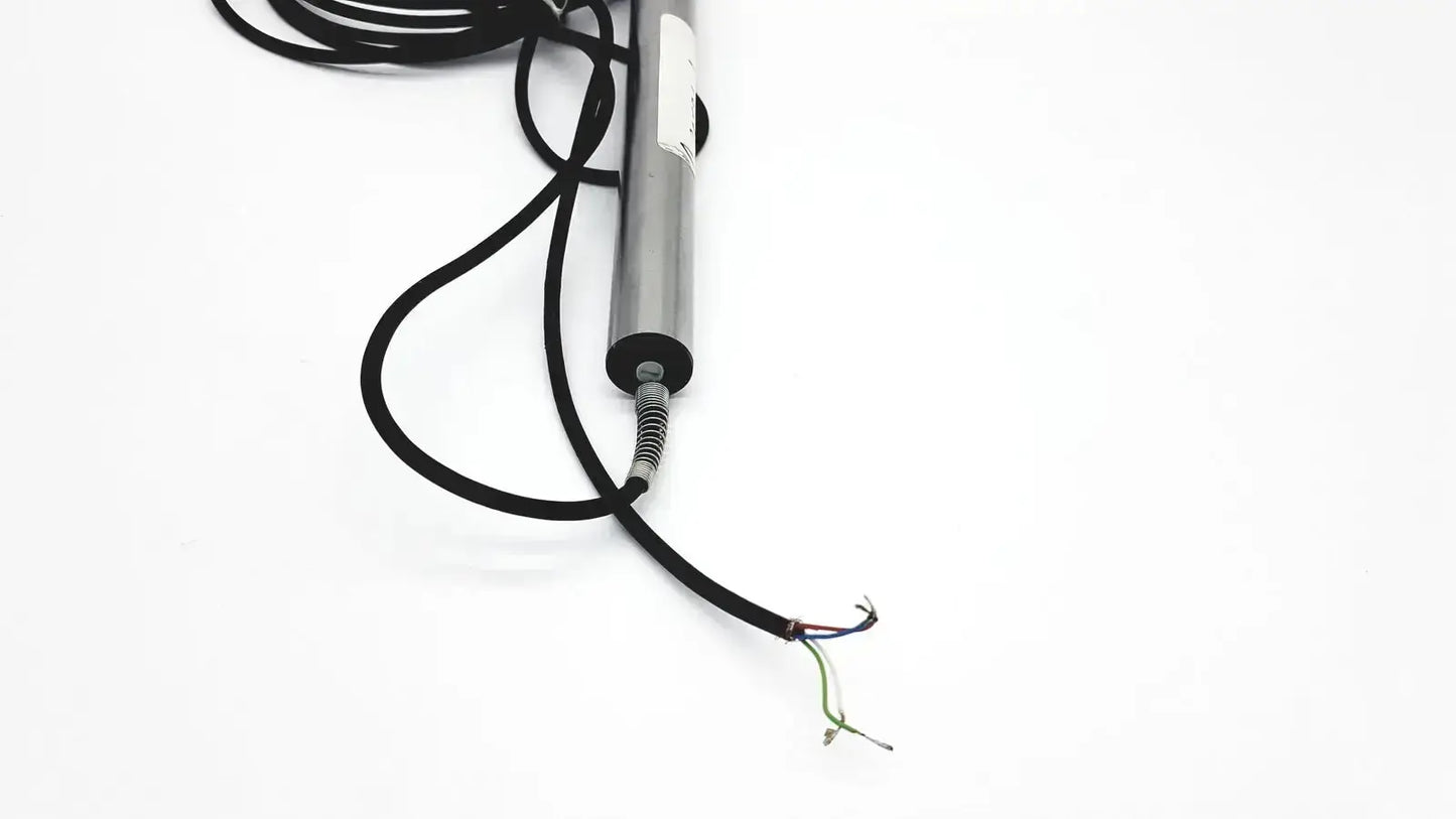 Silver cylindrical omega ld300-150 lvdt linear position sensor with black coiled cable and exposed multi-colored wires