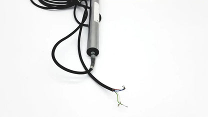 Silver cylindrical omega ld300-150 lvdt linear position sensor with black coiled cable and exposed multi-colored wires