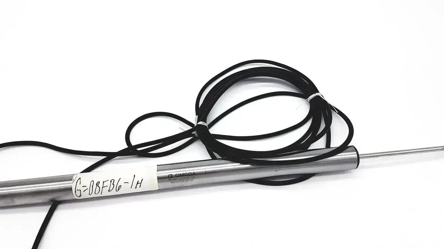 Silver cylindrical omega ld300-150 lvdt linear position sensor with black coiled cable and printed label linear position sensors