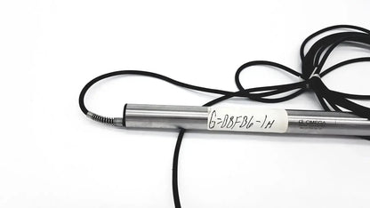 Silver cylindrical omega ld300-150 lvdt linear position sensor with black coiled cable and white brand label