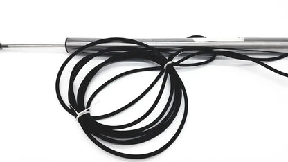 Silver cylindrical omega ld300-150 lvdt linear position sensor with coiled black cable for precise linear position measurement