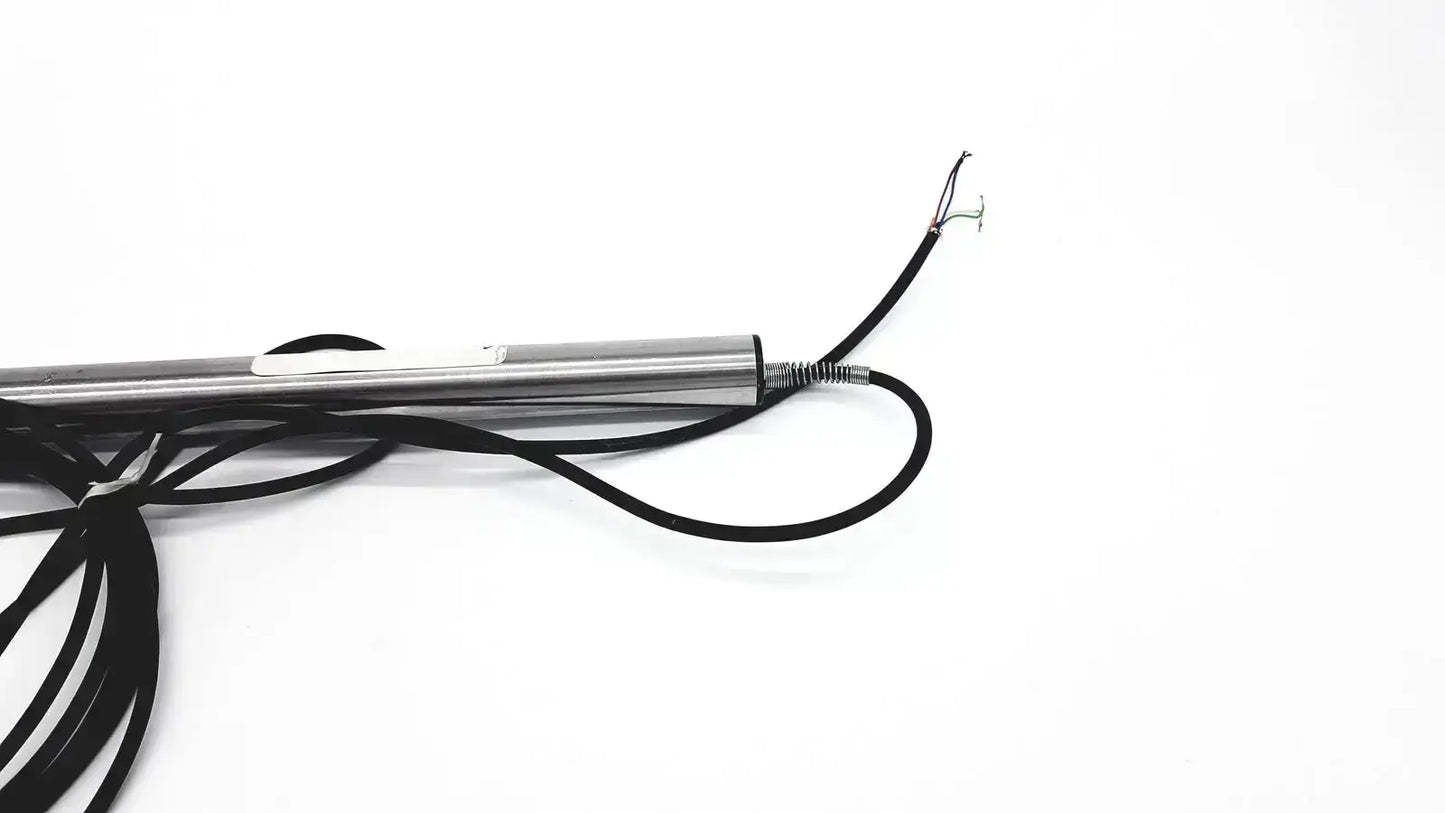 Omega ld300-150 lvdt linear position sensor in silver with black coiled cable and exposed wire ends for precise measurement