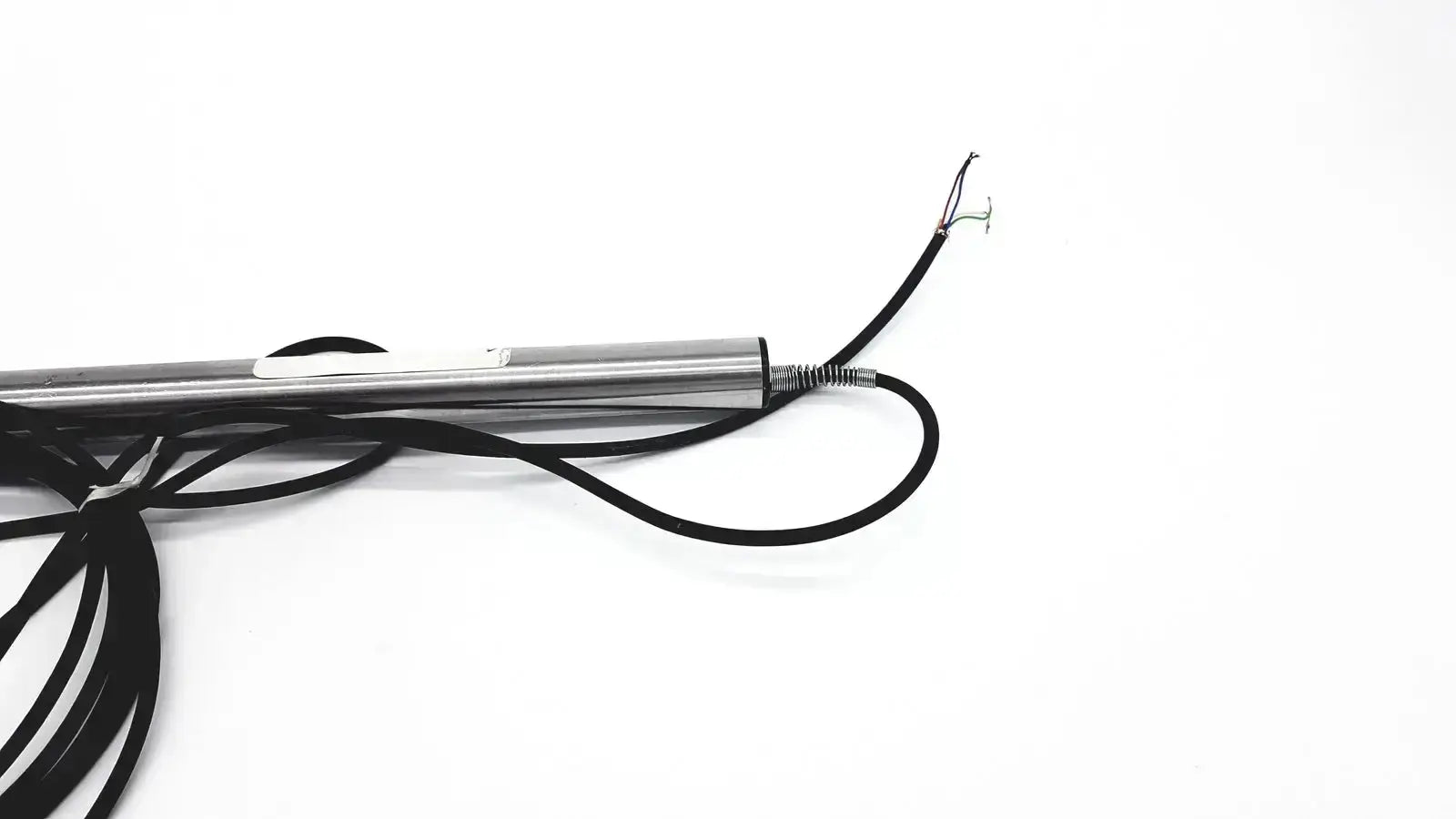 Omega ld300-150 lvdt linear position sensor in silver with black coiled cable and exposed wire ends for precise measurement