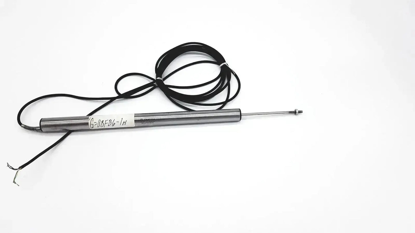 Silver cylindrical omega ld300-150 lvdt linear position sensor with black coiled cable and label g-08fb6-ih