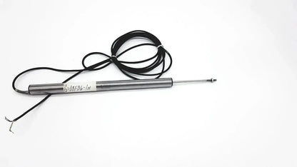 Silver cylindrical omega ld300-150 lvdt linear position sensor with black coiled cable and label g-08fb6-ih