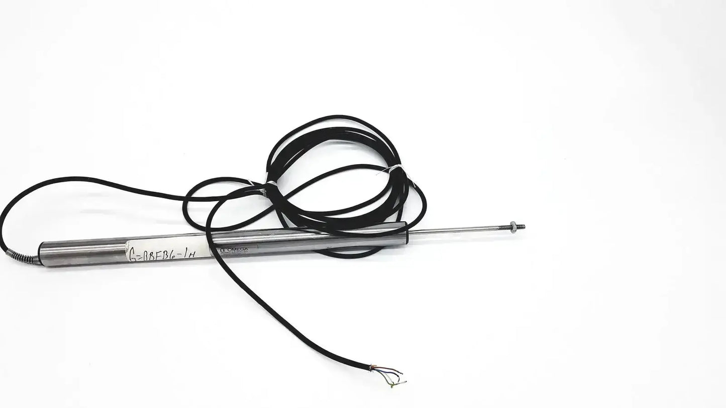 Silver cylindrical omega LD300-150 lvdt linear position sensor with black coiled cable and exposed wire ends