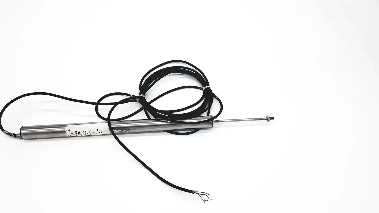 Silver cylindrical omega LD300-150 lvdt linear position sensor with black coiled cable and exposed wire ends